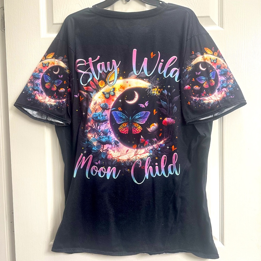 Groovy Hippie 2XL, black top w/ screened print. Colorful print, casual top